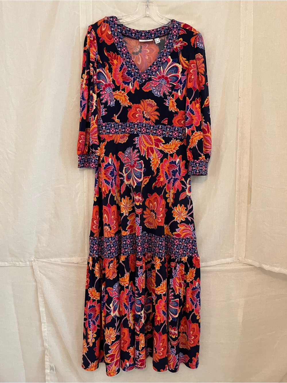 Susan Graver Navy Maxi Dress with Coral and Pink Floral Print